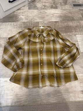 Blu Pepper Olive Plaid Ruffle Collar Blouse